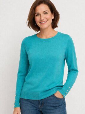 Talbots Blue Sweater Merino Wool Pearls Preppy Crewneck Small